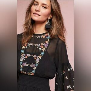 Maeve Anthropologie Anfisa Dress Black Embroidered Smocked Waist Sheer Floral 2